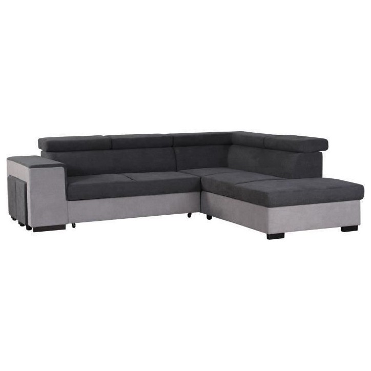 Canapé d'angle droit convertible + coffre 5 places - Tissu gris - L 271 x P 220 x H 77 cm - ARMSTRONG - Fabriqué en Ukraine Canapé d'angle droit convertible + coffre 5 places - Tissu gris - L 271 x P 220 x H 77 cm - ARMSTRONG - Fabriqué en Ukraine