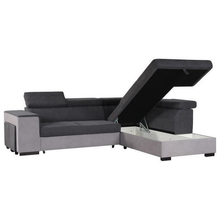 Canapé d'angle droit convertible + coffre 5 places - Tissu gris - L 271 x P 220 x H 77 cm - ARMSTRONG - Fabriqué en Ukraine Canapé d'angle droit convertible + coffre 5 places - Tissu gris - L 271 x P 220 x H 77 cm - ARMSTRONG - Fabriqué en Ukraine