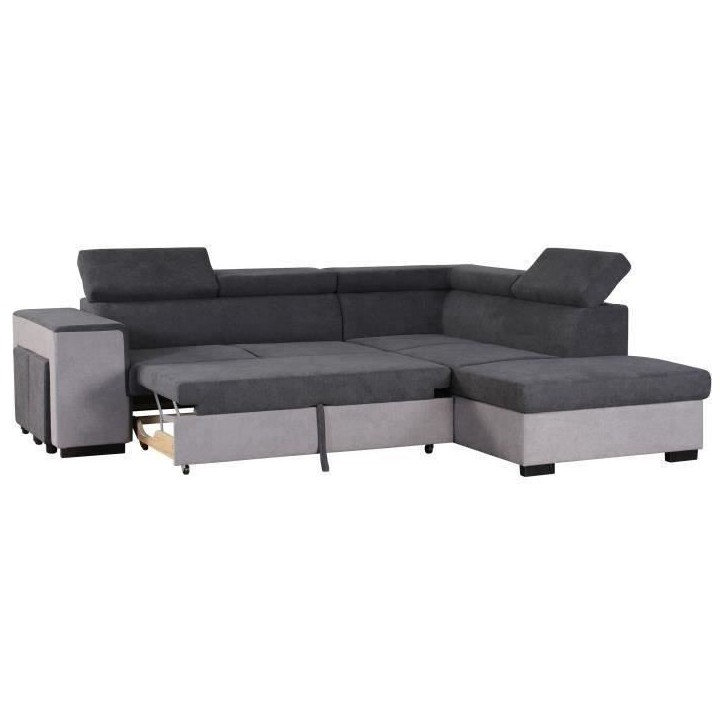 Canapé d'angle droit convertible + coffre 5 places - Tissu gris - L 271 x P 220 x H 77 cm - ARMSTRONG - Fabriqué en Ukraine Canapé d'angle droit convertible + coffre 5 places - Tissu gris - L 271 x P 220 x H 77 cm - ARMSTRONG - Fabriqué en Ukraine