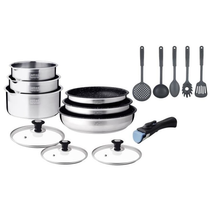 Batterie de cuisine induction - Arthur Martin - AM1275 - Acier inoxydable - 15 pieces - Poignée amovible - Tous feux dont induc