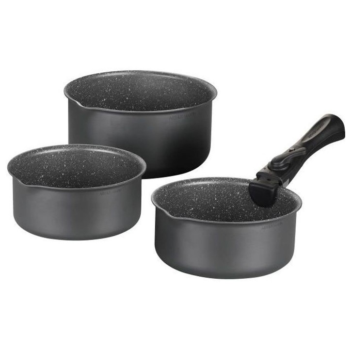 Set de 3 casseroles Gris Mat 16-18-20 cm + 1 poignée amovible - Aluminium – Revetement anti-adhésif - Tous feux dont inducti