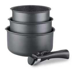 Set de 3 casseroles Gris Mat 16-18-20 cm + 1 poignée amovible - Aluminium – Revetement anti-adhésif - Tous feux dont inducti