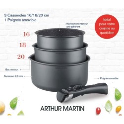 Set de 3 casseroles Gris Mat 16-18-20 cm + 1 poignée amovible - Alumi