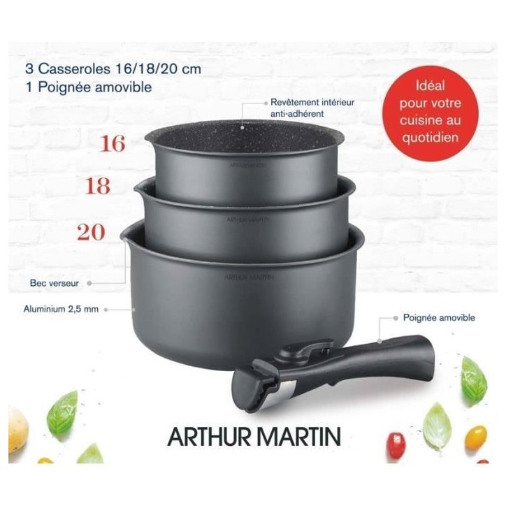 Set de 3 casseroles Gris Mat 16-18-20 cm + 1 poignée amovible - Aluminium – Revetement anti-adhésif - Tous feux dont inducti