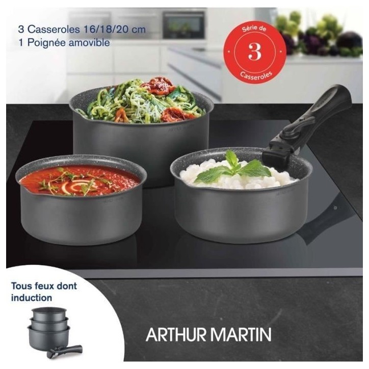 Set de 3 casseroles Gris Mat 16-18-20 cm + 1 poignée amovible - Aluminium – Revetement anti-adhésif - Tous feux dont inducti