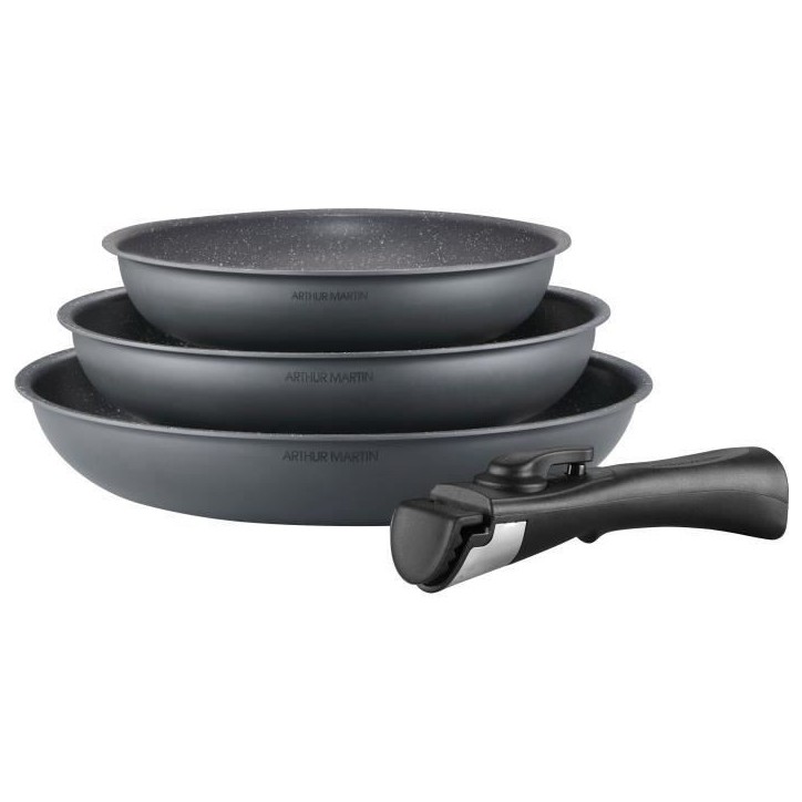Batterie de cuisine ARTHUR MARTIN AM521GM Set de 3 poeles - Gris Mat 20-24-28 cm + 1 poignée amovible - Tous feux dont inductio
