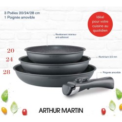 Batterie de cuisine ARTHUR MARTIN AM521GM Set de 3 poeles - Gris Mat 20-24-28 cm + 1 poignée amovible - Tous feux dont inductio