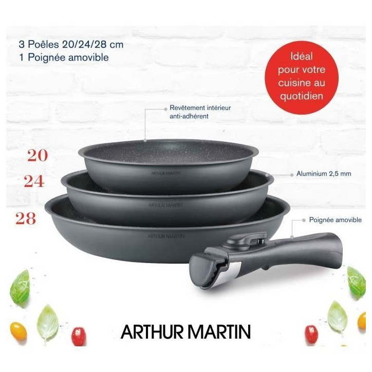 Batterie de cuisine ARTHUR MARTIN AM521GM Set de 3 poeles - Gris Mat 20-24-28 cm + 1 poignée amovible - Tous feux dont inductio