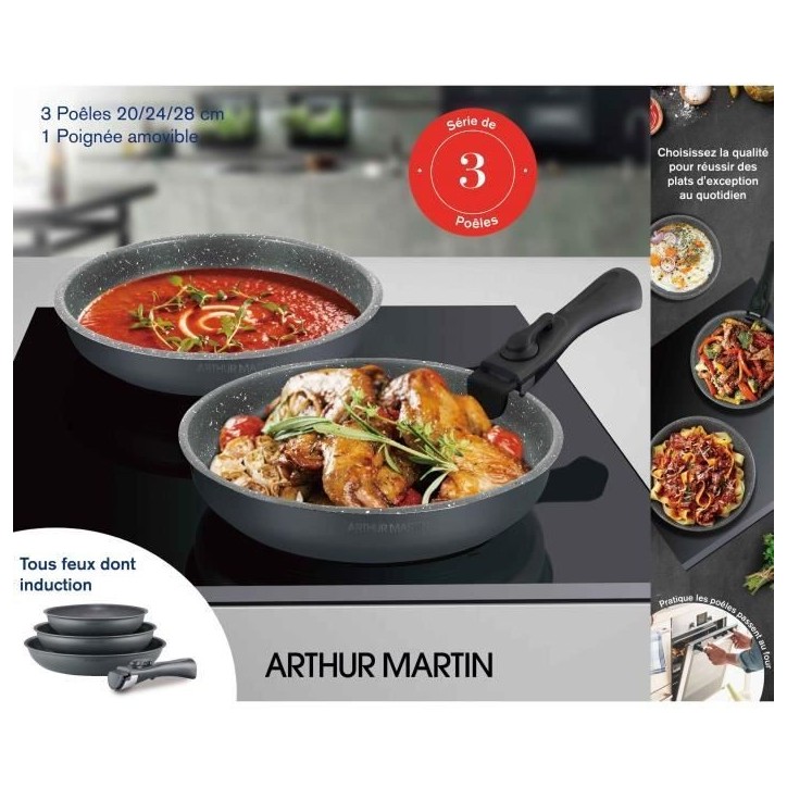 Batterie de cuisine ARTHUR MARTIN AM521GM Set de 3 poeles - Gris Mat 20-24-28 cm + 1 poignée amovible - Tous feux dont inductio