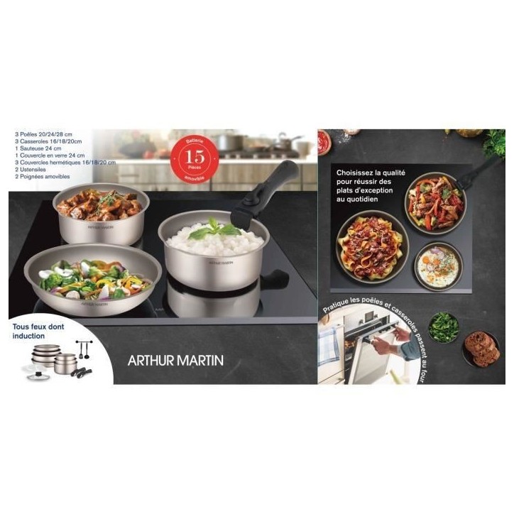Batterie de cuisine Arthur Martin AM133CH 15 pieces - Aluminium - Poignée amovible - Tous feux dont induction