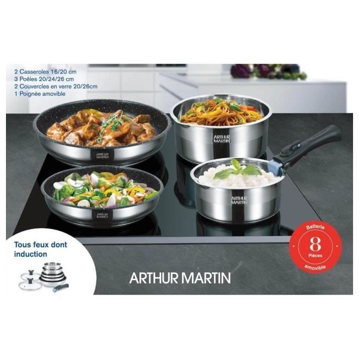 Batterie de cuisine Arthur Martin AM2493 8 pieces - Acier Inoxydable - Poignée amovible - Tous feux dont induction