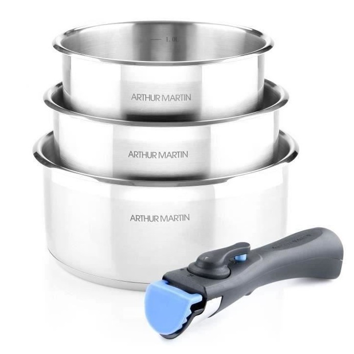Set de 3 casseroles 16-18-20 cm Arthur Martin AM3710 - Acier Inoxydable - Poignée amovible - Tous feux dont induction