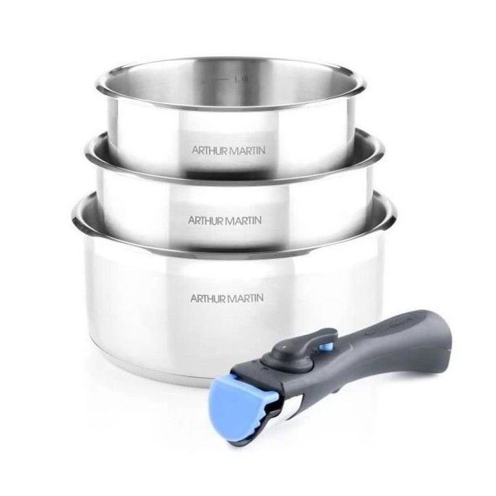 Set de 3 casseroles 16-18-20 cm Arthur Martin AM3710 - Acier Inoxydable - Poignée amovible - Tous feux dont induction