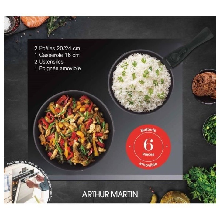 Batterie de cuisine - Tous feux dont induction - Arthur Martin - AM9582 - Aluminium - Anti-adhésif - 6 pieces - Poignée amovib