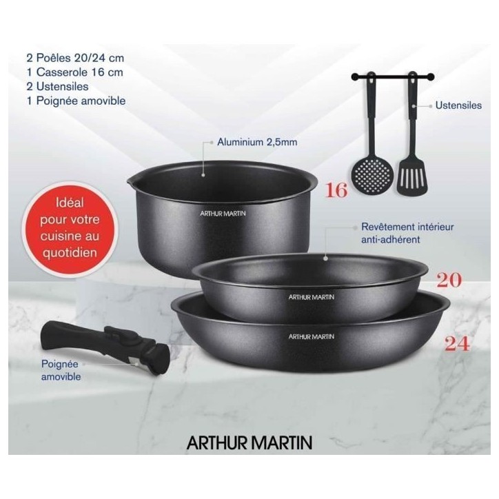Batterie de cuisine - Tous feux dont induction - Arthur Martin - AM9582 - Aluminium - Anti-adhésif - 6 pieces - Poignée amovib