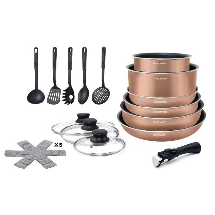 Batterie de cuisine 20 pieces Arthur Martin - aluminium - poignée amovible - tous feux dont induction Batterie de cuisine 20 pieces Arthur Martin - aluminium - poignée amovible - tous feux dont induction