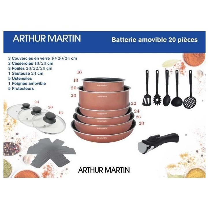 Batterie de cuisine 20 pieces Arthur Martin - aluminium - poignée amovible - tous feux dont induction Batterie de cuisine 20 pieces Arthur Martin - aluminium - poignée amovible - tous feux dont induction