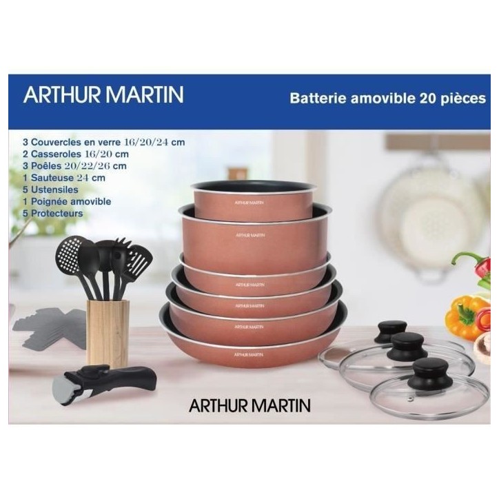 Batterie de cuisine 20 pieces Arthur Martin - aluminium - poignée amovible - tous feux dont induction Batterie de cuisine 20 pieces Arthur Martin - aluminium - poignée amovible - tous feux dont induction