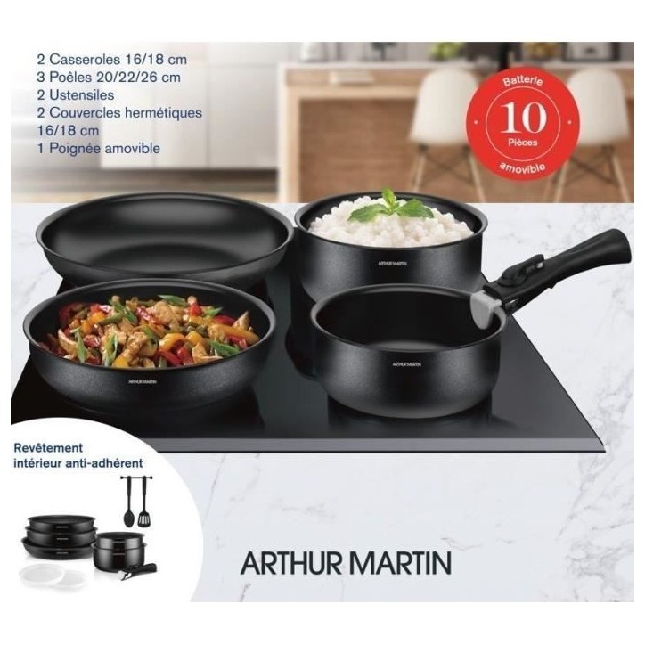 Batterie de cuisine 10 pieces Arthur Martin - Aluminium - Tous feux sauf induction - Noir