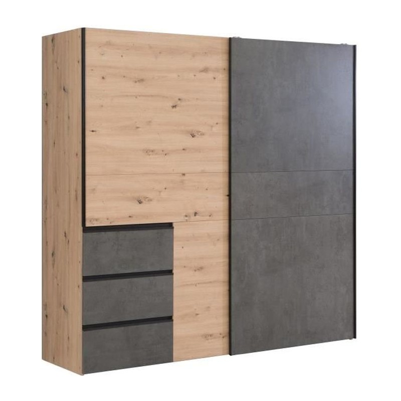 Armoire 2 portes coulissantes 3 tiroirs - Décor chene artisan et bét Armoire 2 portes coulissantes 3 tiroirs - Décor chene artisan et bét
