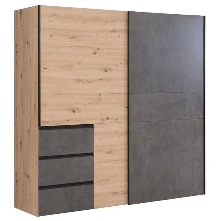 Armoire 2 portes coulissantes 3 tiroirs - Décor chene artisan et béton gris - L 200,1 x P 61,2 x H 200,5 cm - WINN2