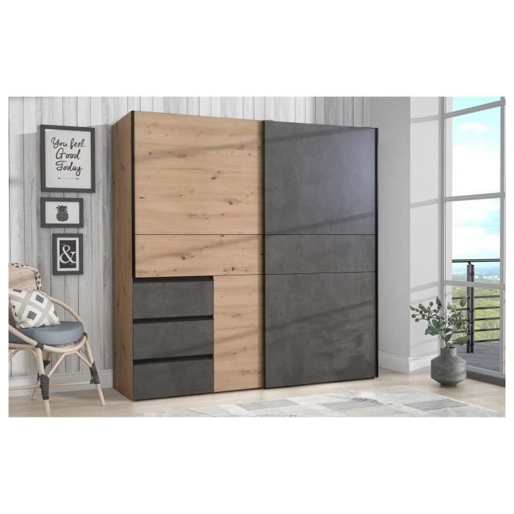 Armoire 2 portes coulissantes 3 tiroirs - Décor chene artisan et béton gris - L 200,1 x P 61,2 x H 200,5 cm - WINN2