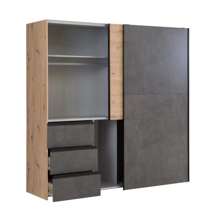 Armoire 2 portes coulissantes 3 tiroirs - Décor chene artisan et béton gris - L 200,1 x P 61,2 x H 200,5 cm - WINN2