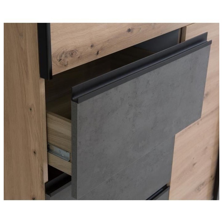 Armoire 2 portes coulissantes 3 tiroirs - Décor chene artisan et béton gris - L 200,1 x P 61,2 x H 200,5 cm - WINN2