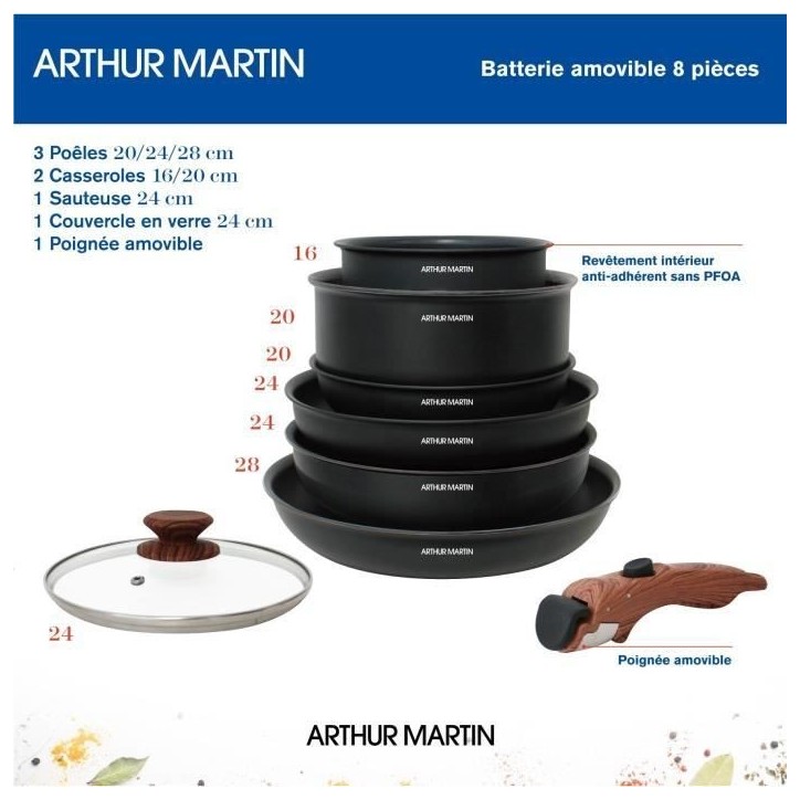 Batterie de cuisine 8 pieces ARTHUR MARTIN - Aluminium - Poignée Bois - Tous feux dont induction Batterie de cuisine 8 pieces ARTHUR MARTIN - Aluminium - Poignée Bois - Tous feux dont induction