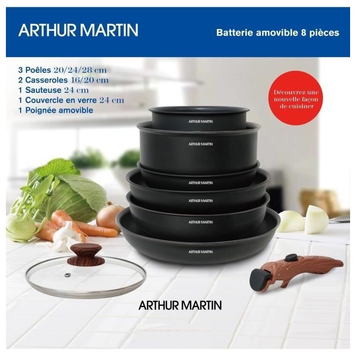 Batterie de cuisine 8 pieces ARTHUR MARTIN - Aluminium - Poignée Bois - Tous feux dont induction Batterie de cuisine 8 pieces ARTHUR MARTIN - Aluminium - Poignée Bois - Tous feux dont induction