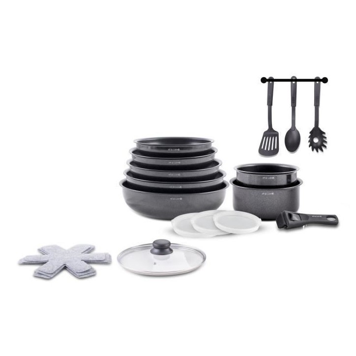 Batterie de cuisine - Tous feux dont induction - ART & CUISINE - AC1824 - Aluminium - 18 pieces - Anti-adhérent - Poignée amov