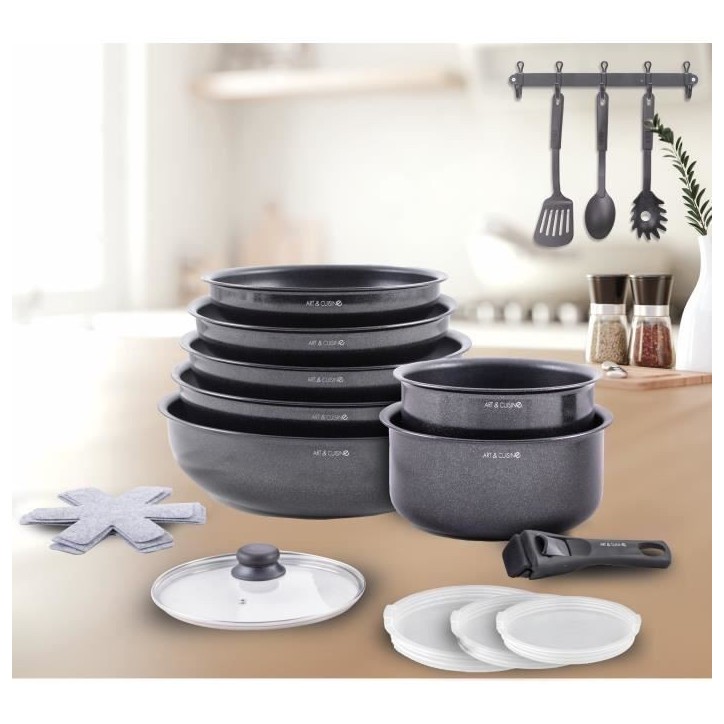 Batterie de cuisine - Tous feux dont induction - ART & CUISINE - AC1824 - Aluminium - 18 pieces - Anti-adhérent - Poignée amov