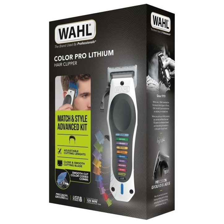 Tondeuse a cheveux - WAHL - ColorPro Cordless Lithium - 240 V - 120 min - Blanc / Noir Tondeuse a cheveux - WAHL - ColorPro Cordless Lithium - 240 V - 120 min - Blanc / Noir