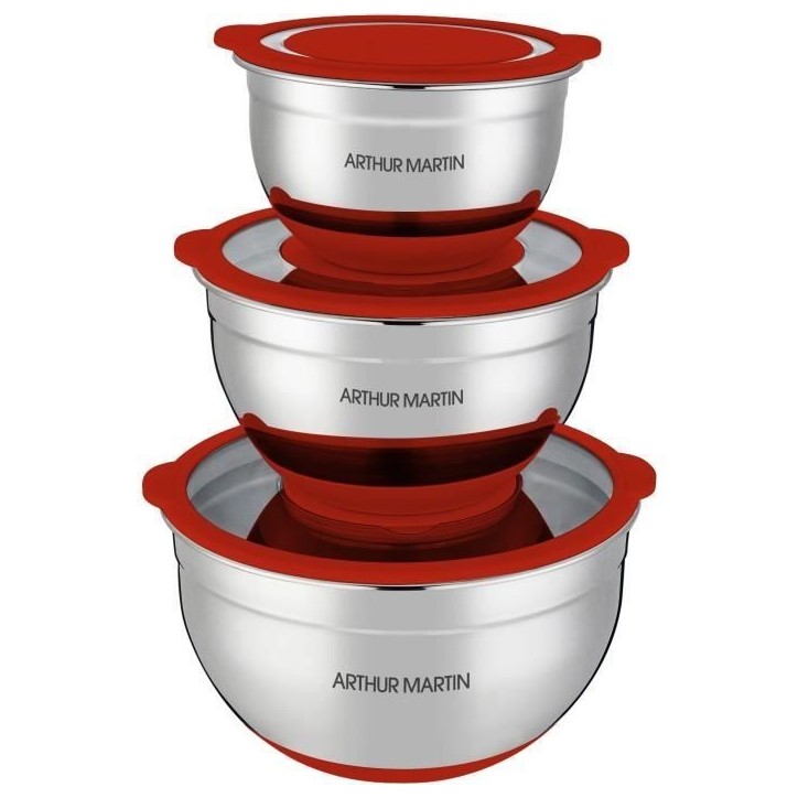 Set de saladiers - ARTHUR MARTIN - AM032 - 16-20-24 cm - Couvercles hermétiques - Acier inoxydable - Fond en silicone anti-dér