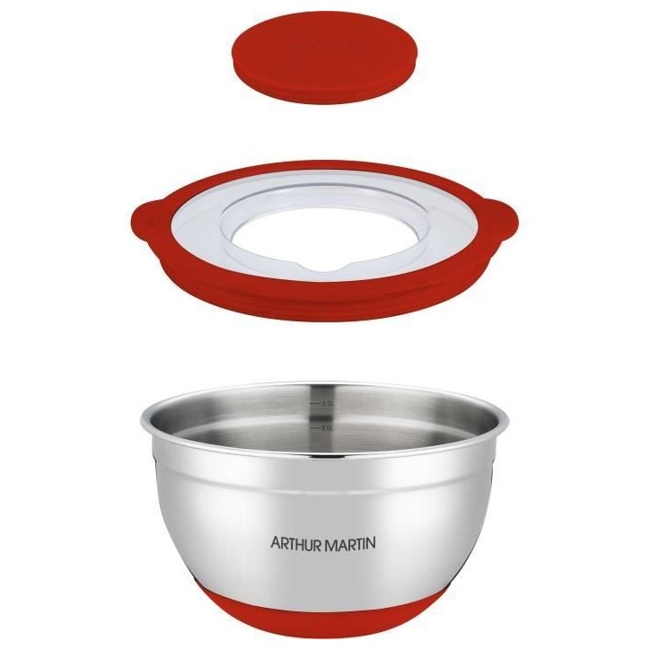 Set de saladiers - ARTHUR MARTIN - AM032 - 16-20-24 cm - Couvercles hermétiques - Acier inoxydable - Fond en silicone anti-dér