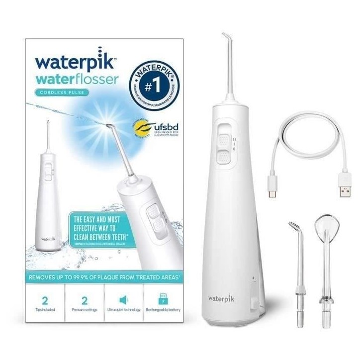 Waterpik WF-20 Pulse, Hydropulseur Sans Fil, Recommandé par l'UFSBD, Jet dentaire Rechargeable, Elimine la Plaque, Blanc