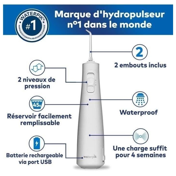 Waterpik WF-20 Pulse, Hydropulseur Sans Fil, Recommandé par l'UFSBD, Jet dentaire Rechargeable, Elimine la Plaque, Blanc