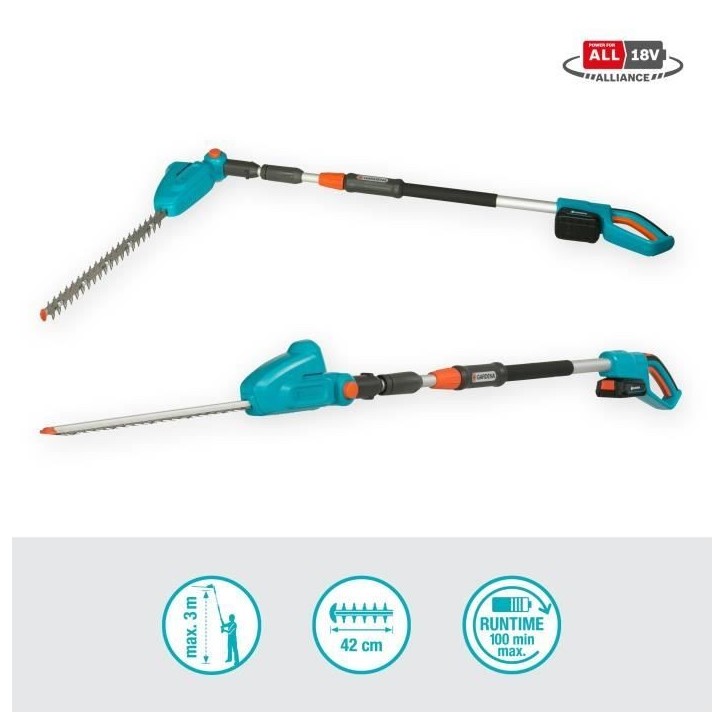 Taille-haies sur perche a batterie GARDENA - THS42/18V P4A - 18V - 42 cm - Hauteur max : 3 m (Livré avec batterie + chargeur) Taille-haies sur perche a batterie GARDENA - THS42/18V P4A - 18V - 42 cm - Hauteur max : 3 m (Livré avec batterie + chargeur)
