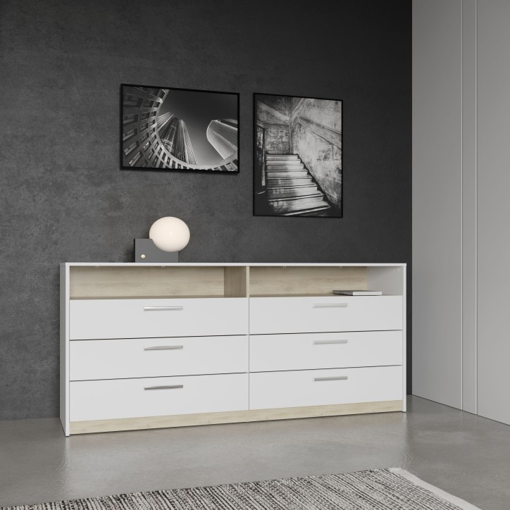 Commode - WATSON - 6 tiroirs - Chene Kronberg / Blanc mat - 162,7 x 39,5 x 81,1 cm - DEMEYERE Commode - WATSON - 6 tiroirs - Chene Kronberg / Blanc mat - 162,7 x 39,5 x 81,1 cm - DEMEYERE