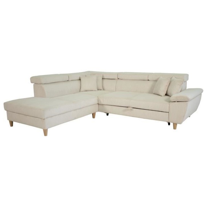 Canapé d'angle convertible - 4 places - WESTON - Velours côtelé beige - Tetieres réglables - 259 x 227 x 77/92 cm