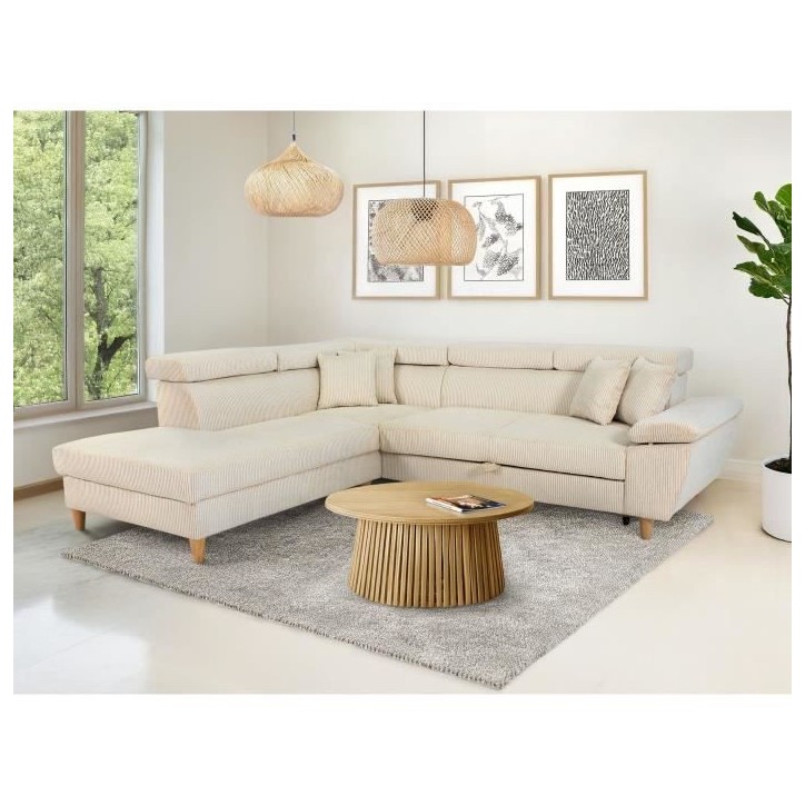 Canapé d'angle convertible - 4 places - WESTON - Velours côtelé beige - Tetieres réglables - 259 x 227 x 77/92 cm