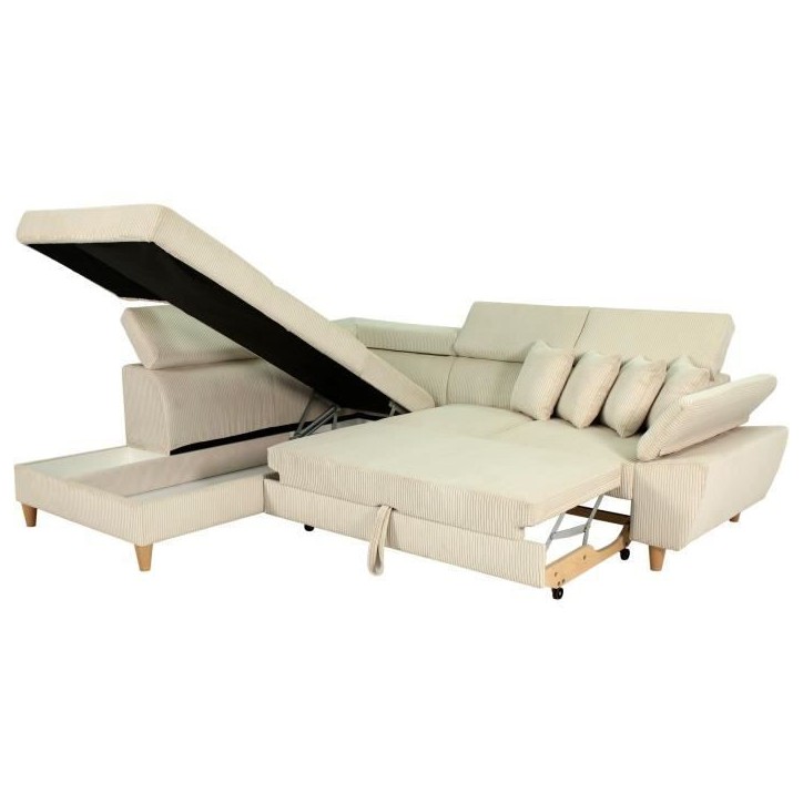 Canapé d'angle convertible - 4 places - WESTON - Velours côtelé beige - Tetieres réglables - 259 x 227 x 77/92 cm