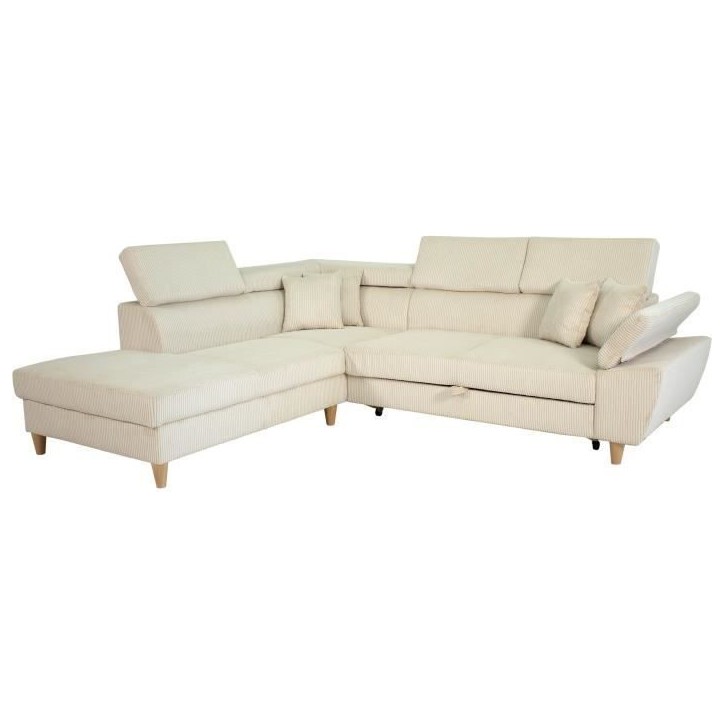 Canapé d'angle convertible - 4 places - WESTON - Velours côtelé beige - Tetieres réglables - 259 x 227 x 77/92 cm
