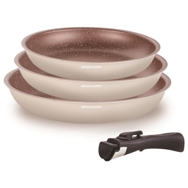 Batterie de cuisine - Tous feux dont induction - ARTHUR MARTIN - AM4754 - Set de 3 poeles - 20-24-28 cm + 1 poignée amovible