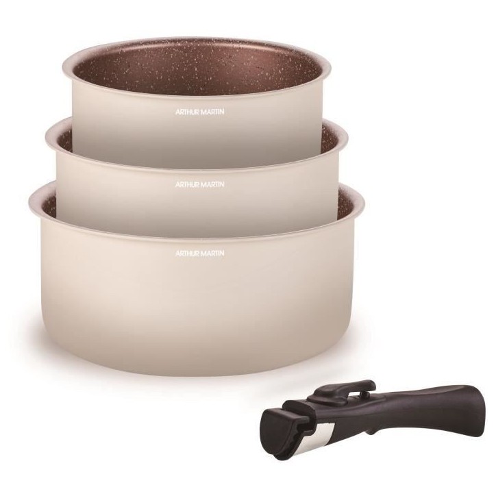 Set de 3 casseroles ARTHUR MARTIN - AM2655 - 16-18-20 cm + 1 poignée amovible - Tous feux dont induction