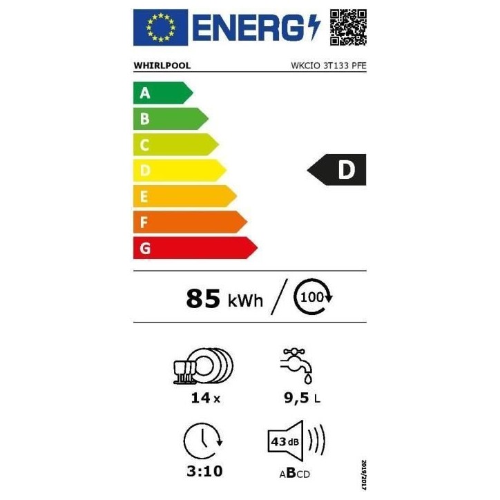 Lave-vaisselle tout encastrable WHIRLPOOL WKCIO3T133PFE 6eme Sens - 14 couverts - Induction - 43 dB - tiroir a couverts