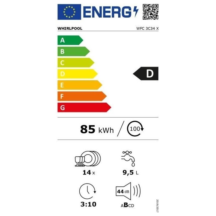 Lave-vaisselle pose libre WHIRLPOOL WFC3C34X - 14 couverts - Induction - L60cm - 44 dB - Inox Lave-vaisselle pose libre WHIRLPOOL WFC3C34X - 14 couverts - Induction - L60cm - 44 dB - Inox