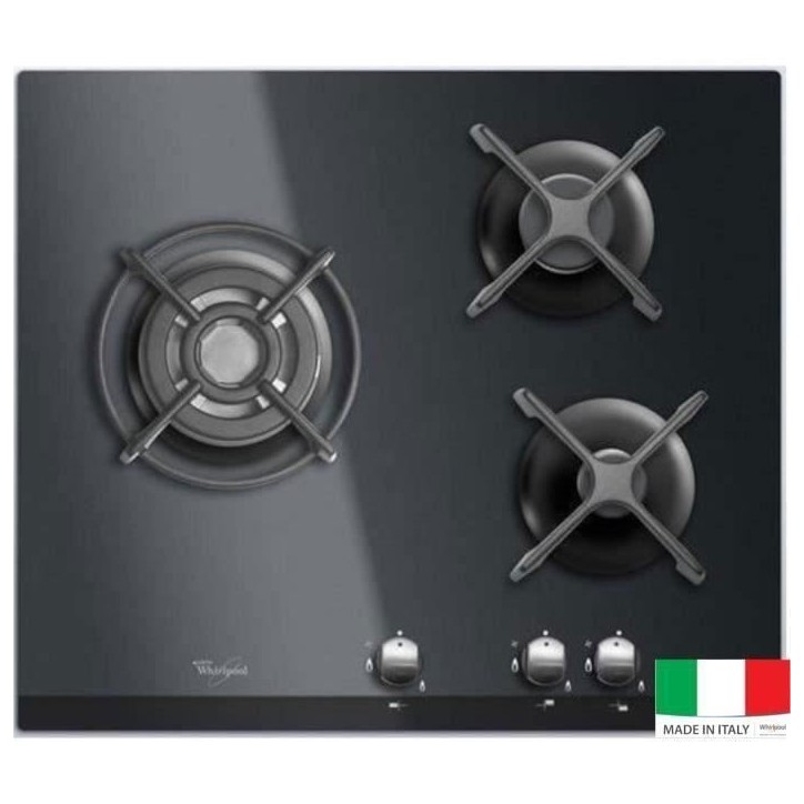 Table de cuisson Gaz - WHIRLPOOL AKT404NB - 3 foyers - 6350W - L59 x P51cm - Noir