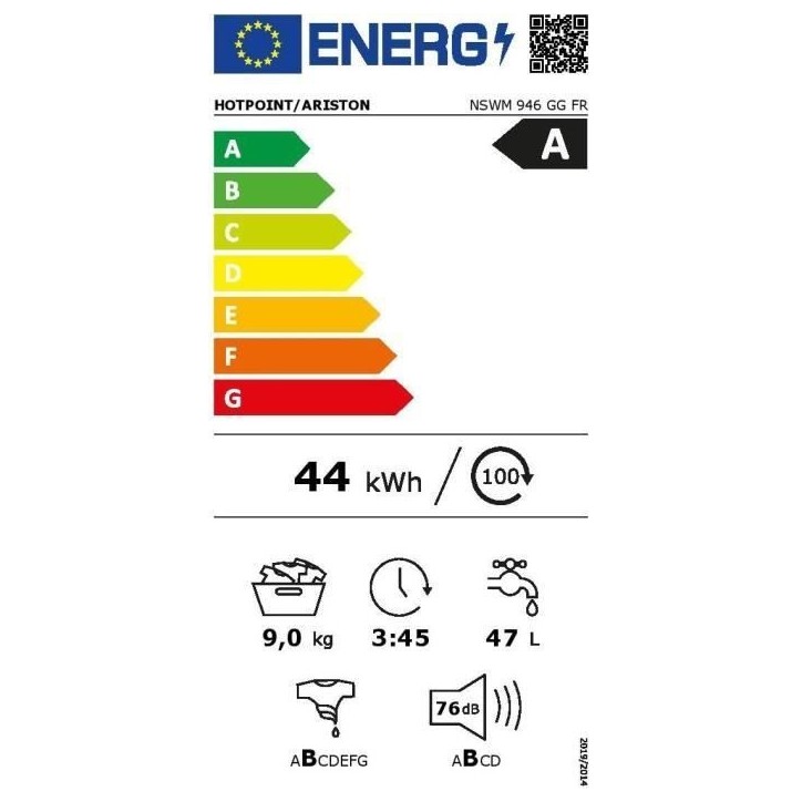 Lave-linge hubot HOTPOINT NSWM946GGFR - 9 kg - Induction - L60cm - 1400 trs/min - Graphite