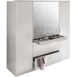 Armoire - Décor blanc - 4 portes battantes + 4 tiroirs + miroirs - L1